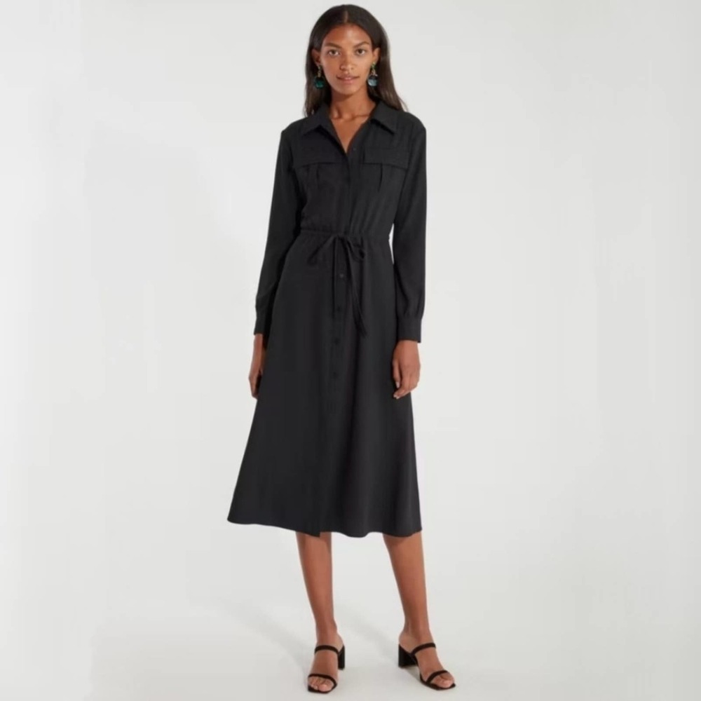 Black Long-Sleeve Midi Shirt Dress - Classic Utility Style